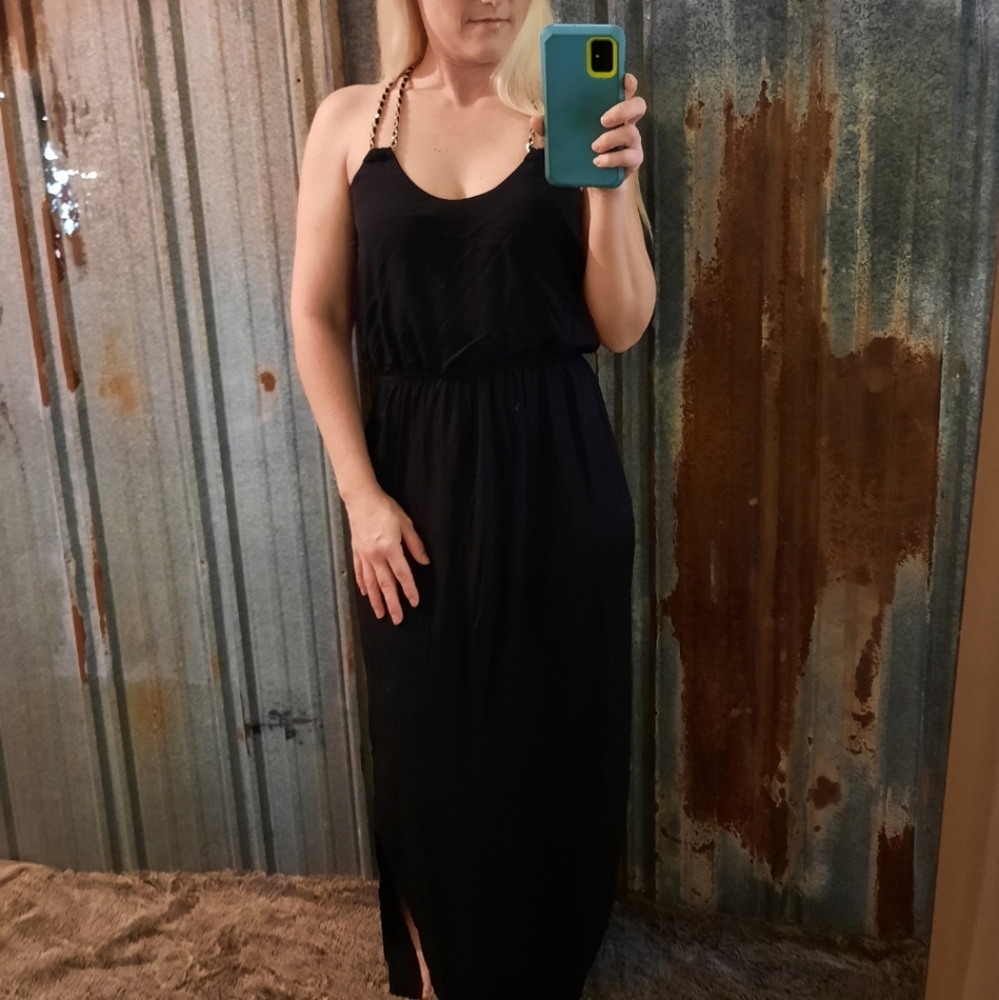 NWOT Black Silky High Waist Empire Halter Gold Chain Strap Maxi Dress